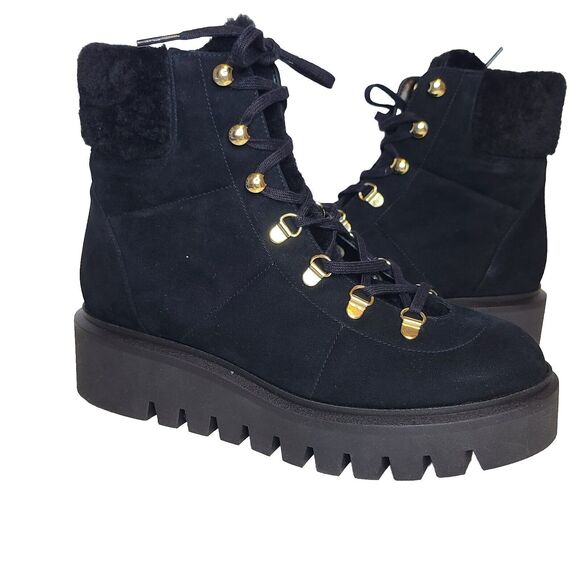 Stuart Weitzman combatboots Chalet lug Black Suede faux fur lace up Sz.8 new